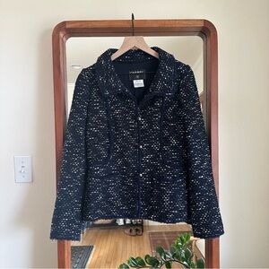 Chanel Tweed Blazer Jacket Blue Womens 42 US 10 Fringe Trim France Wool Blend